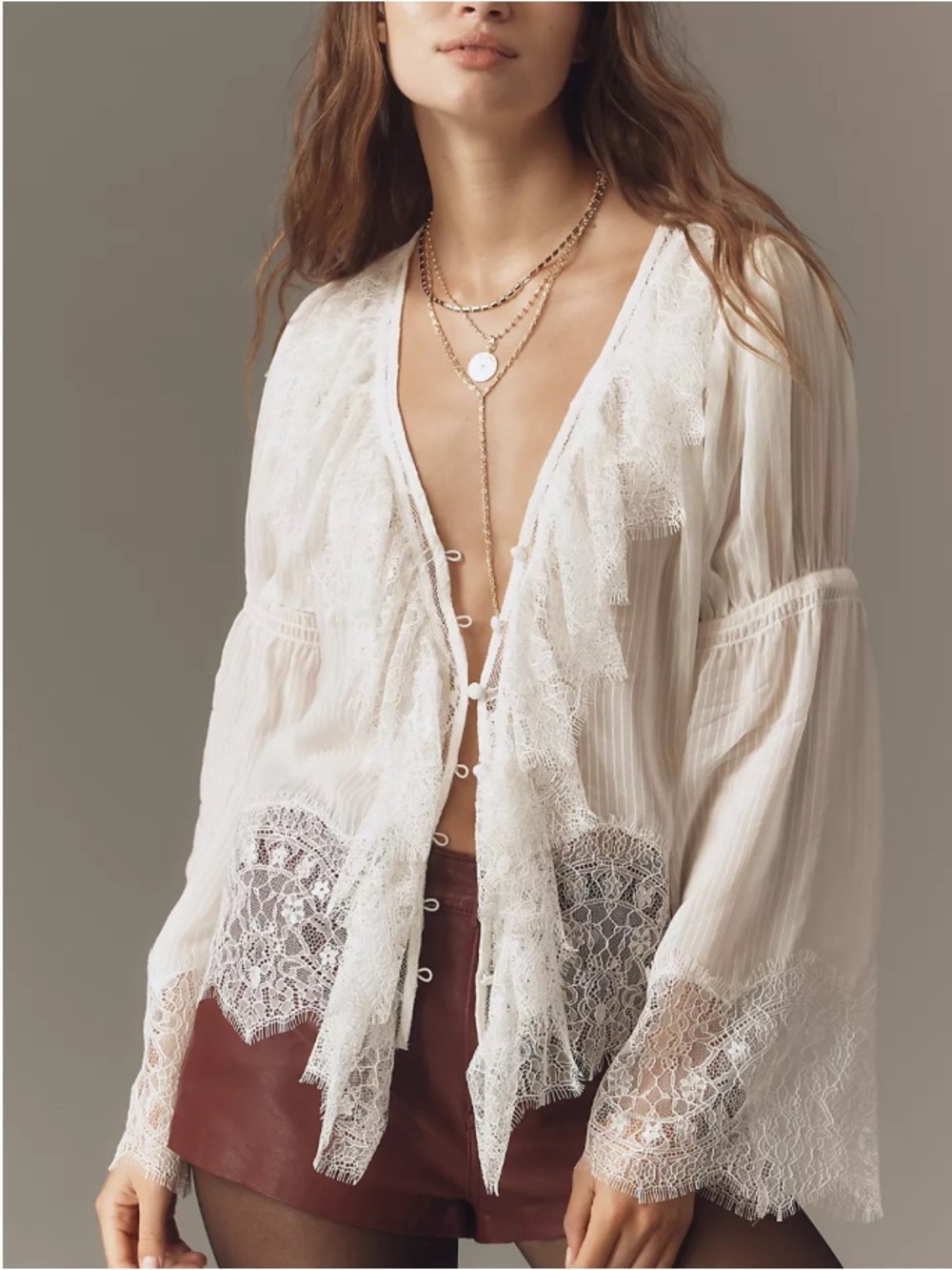 Anthropologie Sheer Ruffled Lace Blouse White size S